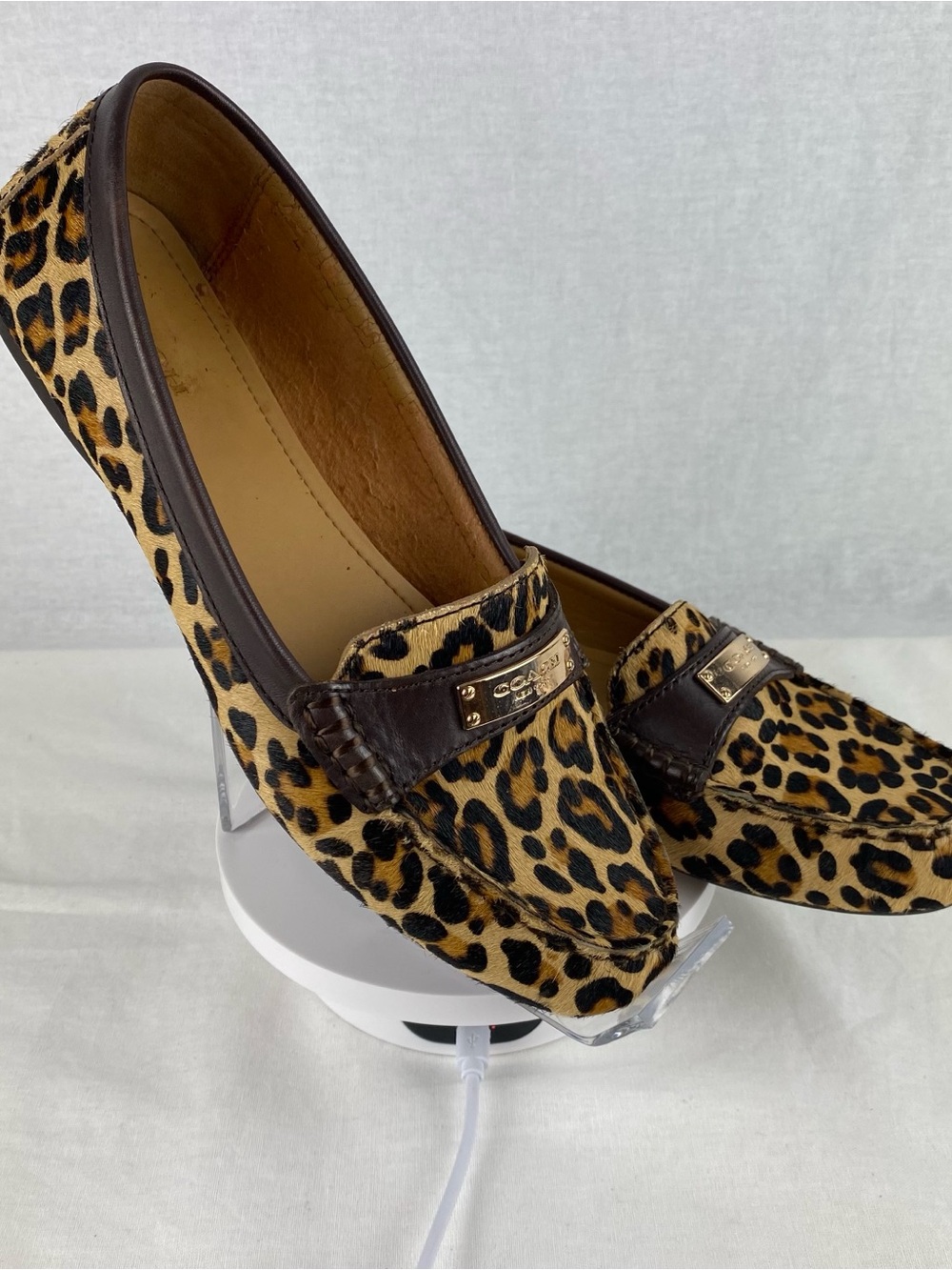 Coach Leopard Print Penny Loafers in Brown/Tan with Gold Plaque - Picture 3 of 14